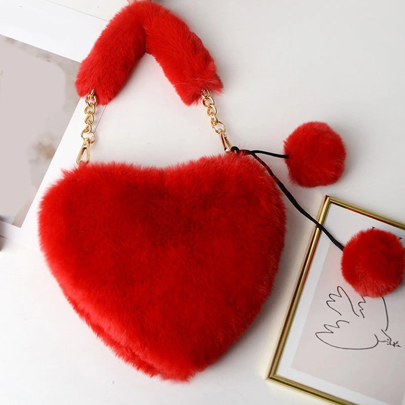 Faux Fur Women Handbag Plush Heart Shoulder Bag Cute Female Clutch Purse