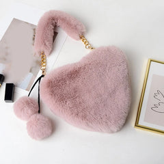 Faux Fur Women Handbag Plush Heart Shoulder Bag Cute Female Clutch Purse
