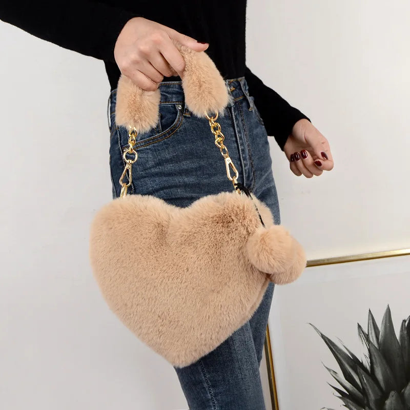 Faux Fur Heart Shaped Shoulder Bag Winter Women Handbag