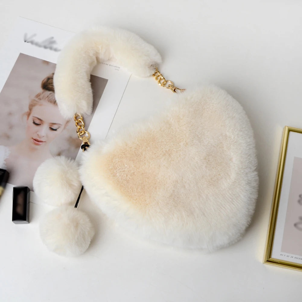 Faux Fur Heart Shaped Shoulder Bag Women Winter Handbag