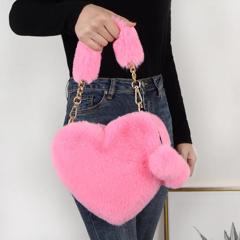 Faux Fur Heart Shaped Shoulder Bag Winter Women Handbag