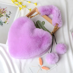 Faux Fur Heart Shaped Shoulder Bag Winter Women Handbag