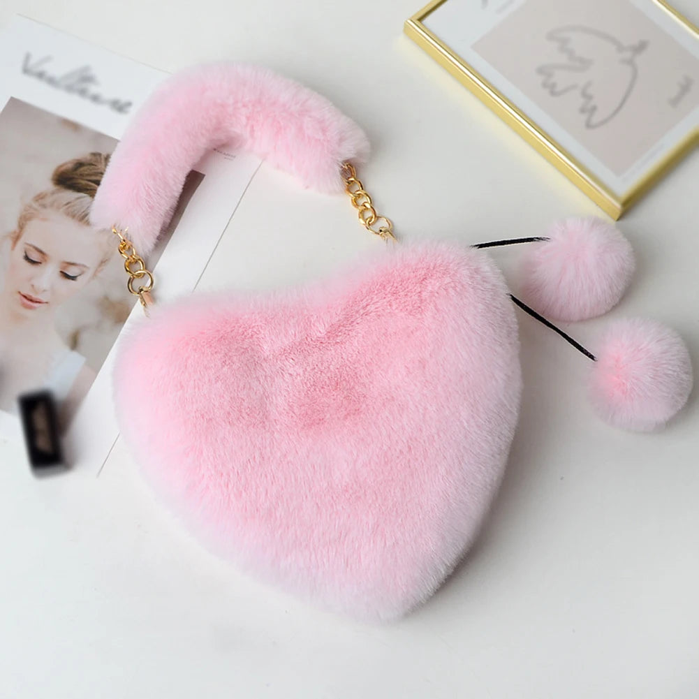 Plush Heart Shaped Shoulder Bag Faux Fur Winter Women Handbag
