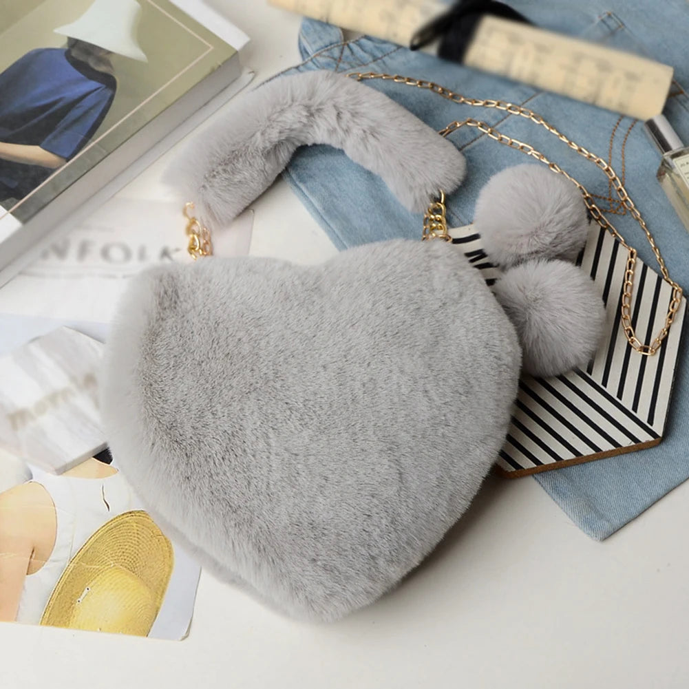 Plush Heart Shaped Shoulder Bag Faux Fur Winter Women Handbag