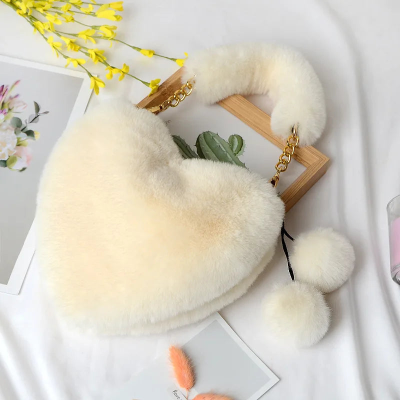 Faux Fur Heart Shaped Shoulder Bag Winter Women Handbag