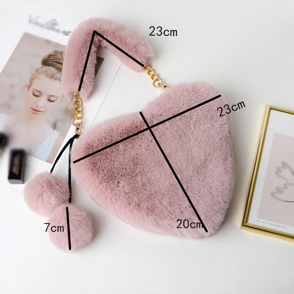 Plush Heart Shaped Shoulder Bag Faux Fur Winter Women Handbag