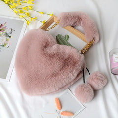 Faux Fur Winter Women Handbags Plush Heart Shaped Shoulder Bag Female Clutch