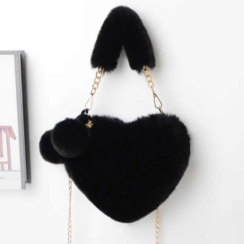 Faux Fur Heart Shoulder Bag Chain Messenger Clutch Purse Plush Crossbody Bag