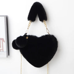 Faux Fur Heart Shoulder Bag Chain Messenger Clutch Purse Plush Crossbody Bag
