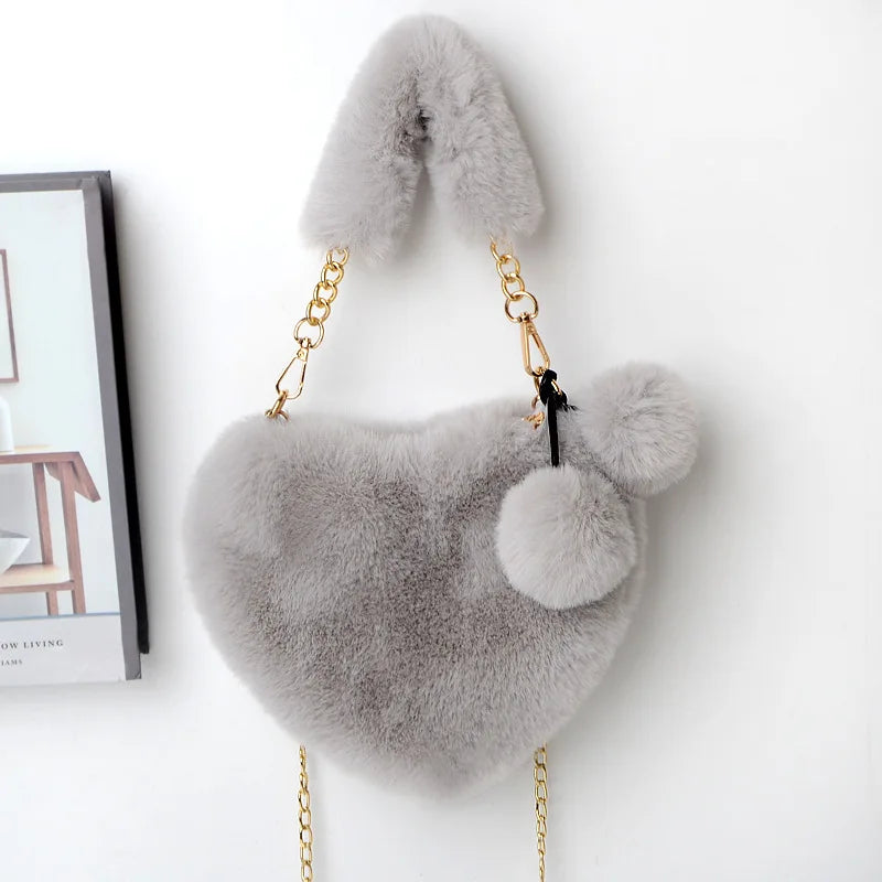 Faux Fur Heart Shoulder Bag Chain Messenger Clutch Purse Plush Crossbody Bag