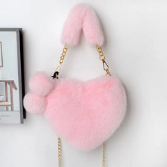 Faux Fur Heart Shoulder Bag Chain Messenger Clutch Purse Plush Crossbody Bag