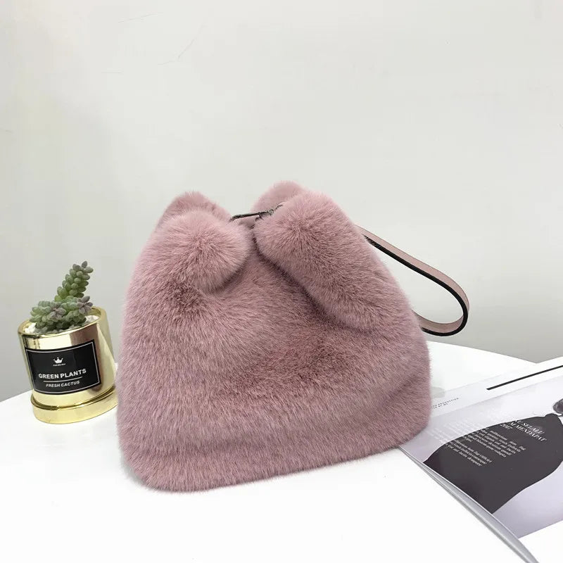 Faux Mink Fur Plush Ladies Shoulder Bucket Bags Crossbody Bag
