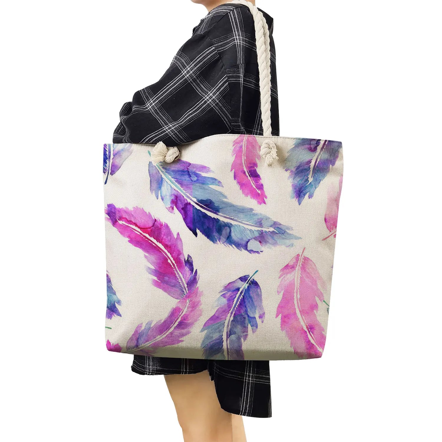 Feather Print Handbags Eco Reusable Shoulder Bags Customizable Travel Tote Bags