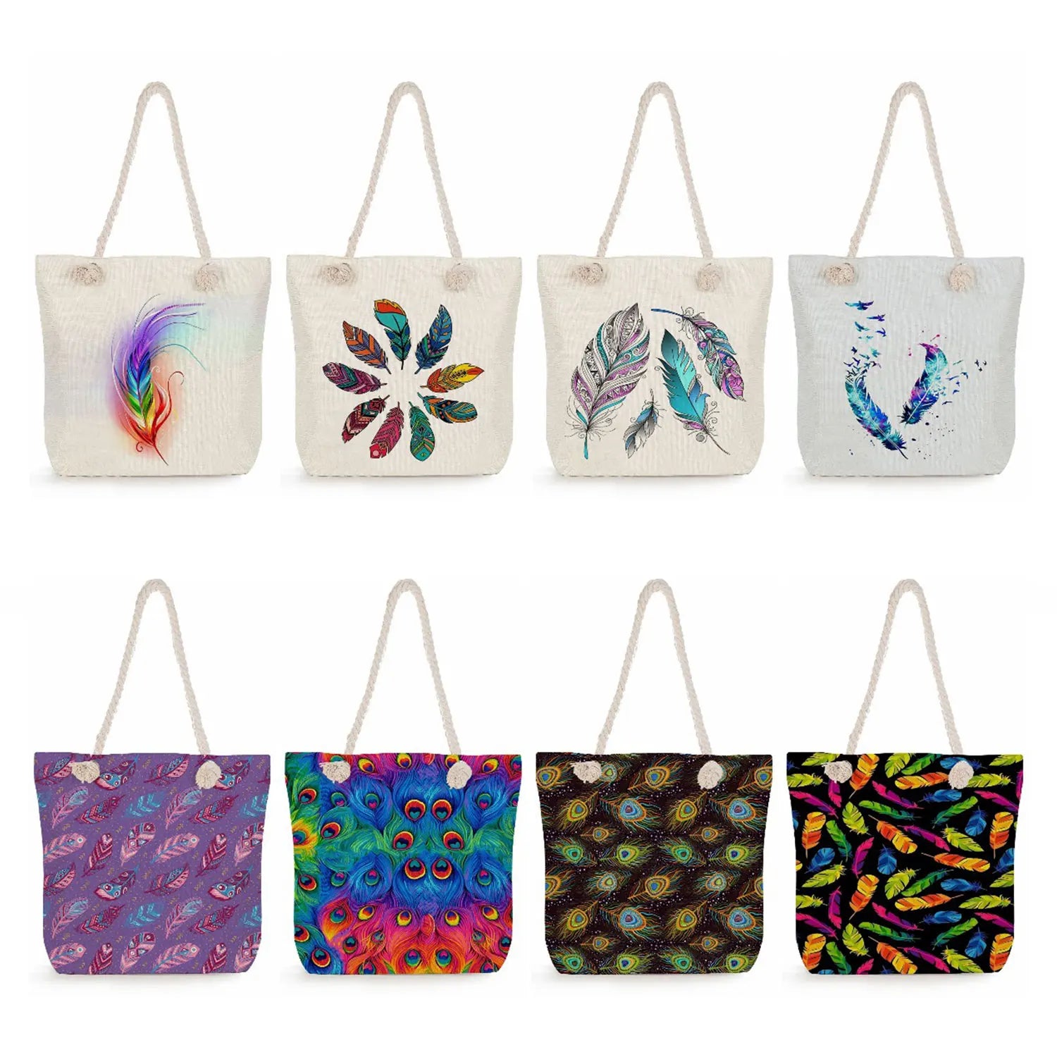 Feather Print Handbags Eco Reusable Shoulder Bags Customizable Travel Tote Bags