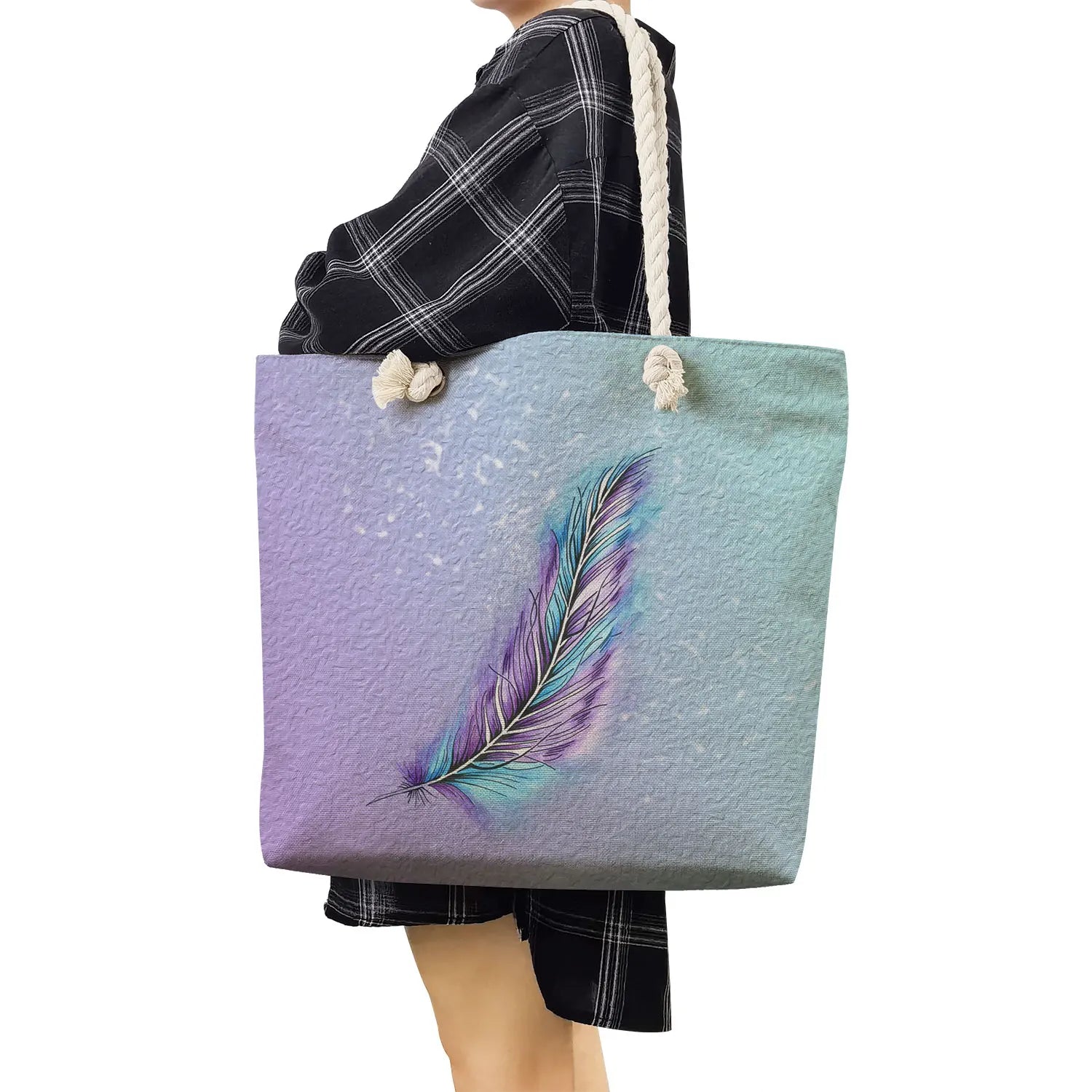 Feather Print Handbags Eco Reusable Shoulder Bags Customizable Travel Tote Bags