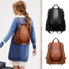 Women's Anti-Theft PU Leather Backpack Solid Color Back Zipper Bag
