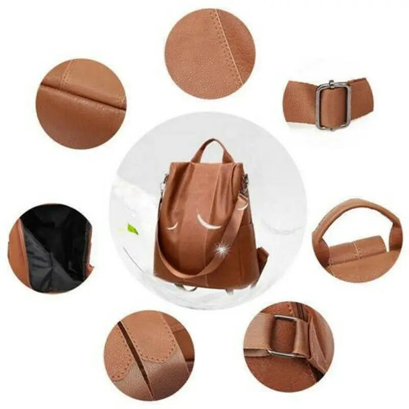 Women's Anti-Theft PU Leather Backpack Solid Color Back Zipper Bag