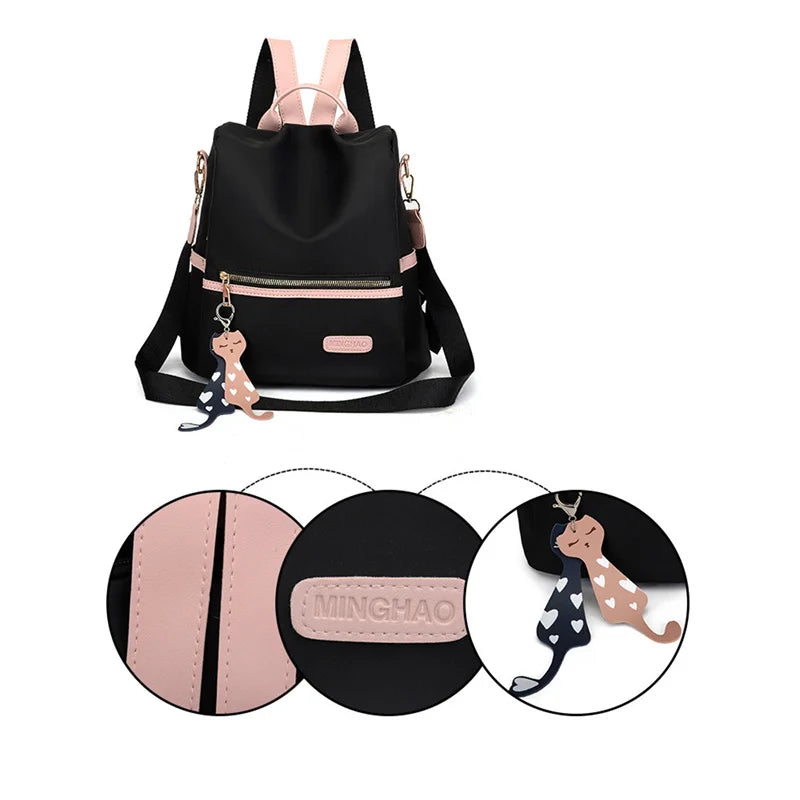 Female Backpack, Contrast Shoulders Bag Handbag with Cartoon Pendant in Wine Red