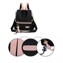 Female Backpack, Contrast Shoulders Bag Handbag with Cartoon Pendant in Wine Red