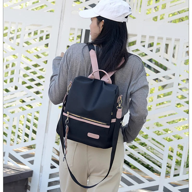 Female Backpack, Contrast Shoulders Bag Handbag with Cartoon Pendant in Wine Red