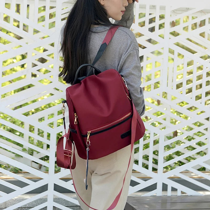Female Backpack, Contrast Shoulders Bag Handbag with Cartoon Pendant in Wine Red