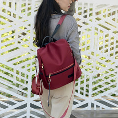 Female Backpack, Contrast Shoulders Bag Handbag with Cartoon Pendant in Wine Red