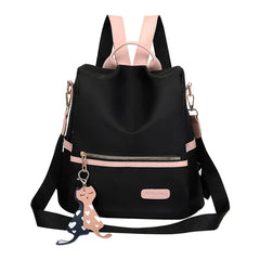 Female Backpack, Contrast Shoulders Bag Handbag with Cartoon Pendant in Wine Red