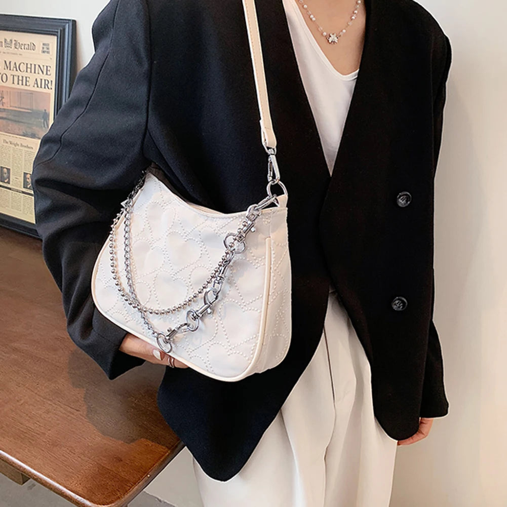 Heart Embroidery Chain Crossbody Shoulder Bag Women Casual Travel Purse