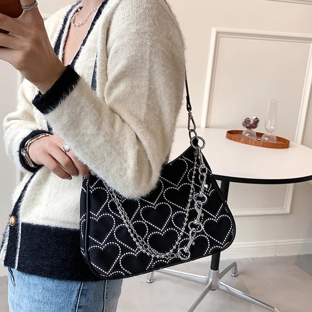 Heart Embroidery Chain Crossbody Shoulder Bag Women Casual Travel Purse