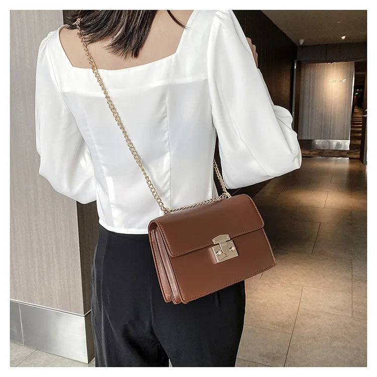 Solid Leather Women's Handbag Lock Chain Shoulder Messenger Bag