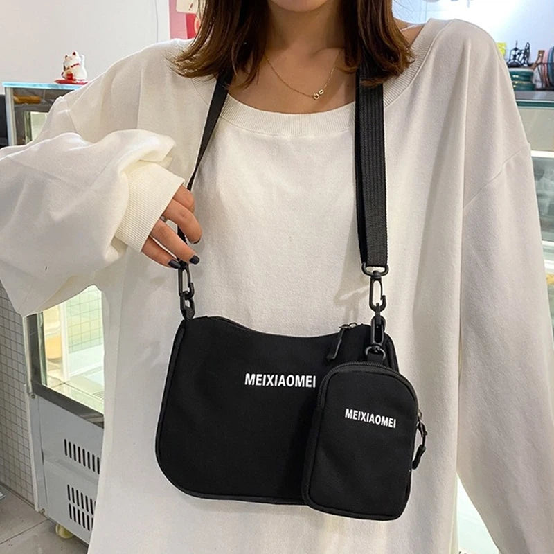 Female Canvas Solid Letter Shoulder Bags with Mini Purse Pendant