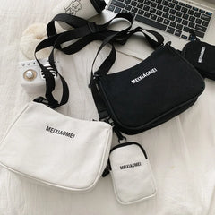 Women's Canvas Shoulder Bags with Mini Purse Pendant Set