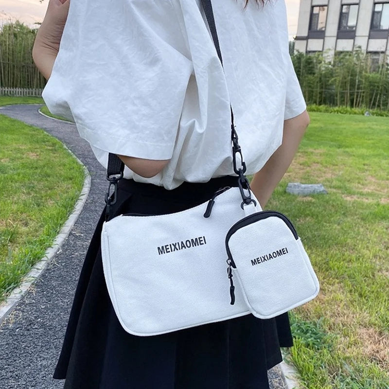 Female Canvas Solid Letter Shoulder Bags with Mini Purse Pendant