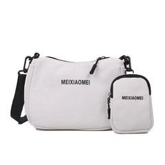 Female Canvas Solid Letter Shoulder Bags with Mini Purse Pendant