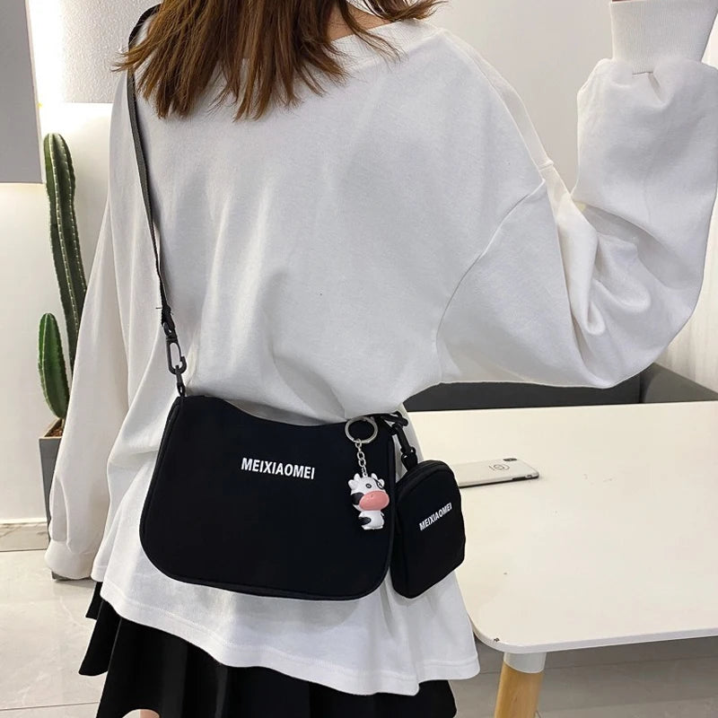 Female Canvas Solid Letter Shoulder Bags with Mini Purse Pendant