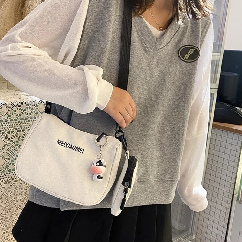 Women's Canvas Shoulder Bags with Mini Purse Pendant Set