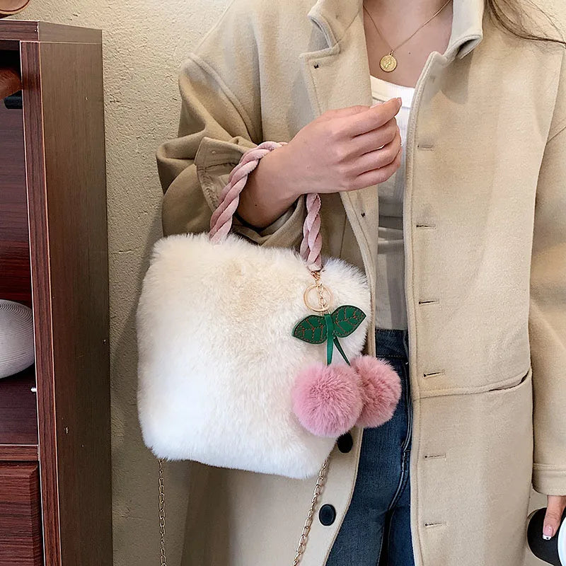 Women's Plush Faux Fur Cherry Pendant Handbag Chain Mini Top-handle Bag