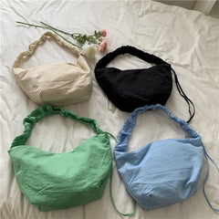 Large Nylon Shoulder Bag Ruched Purse Zipper Closure
