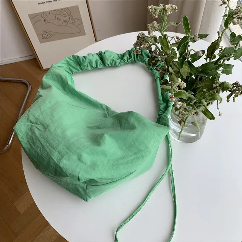 Women's Nylon Pleated Shoulder Bag with Zipper