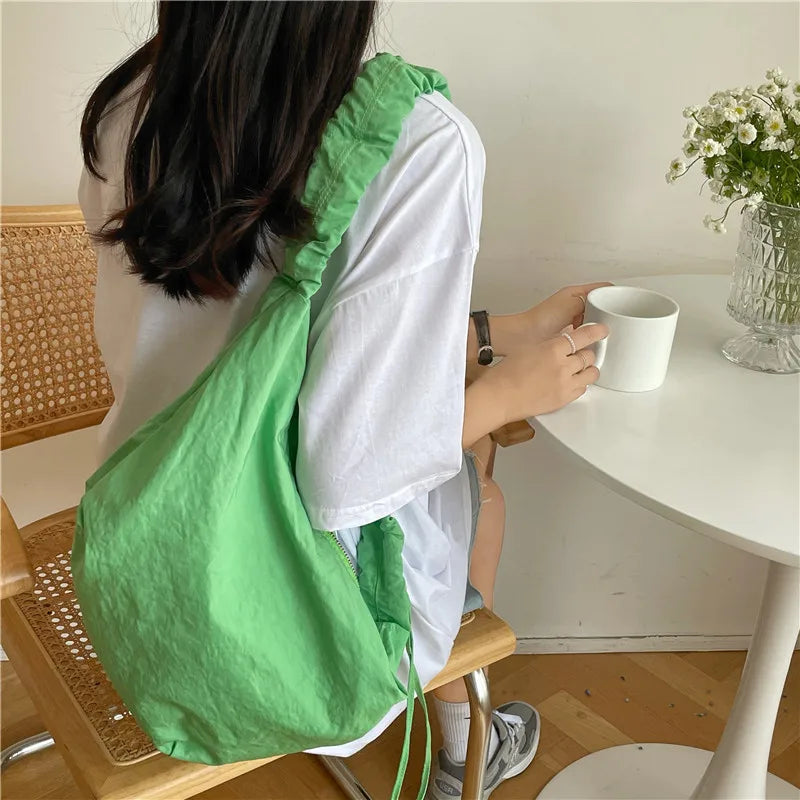 Large Nylon Shoulder Bag Ruched Purse Zipper Closure