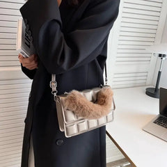 Female PU Leather Checkered Shoulder Bag Flip Plush Handle Mini Handle Bag