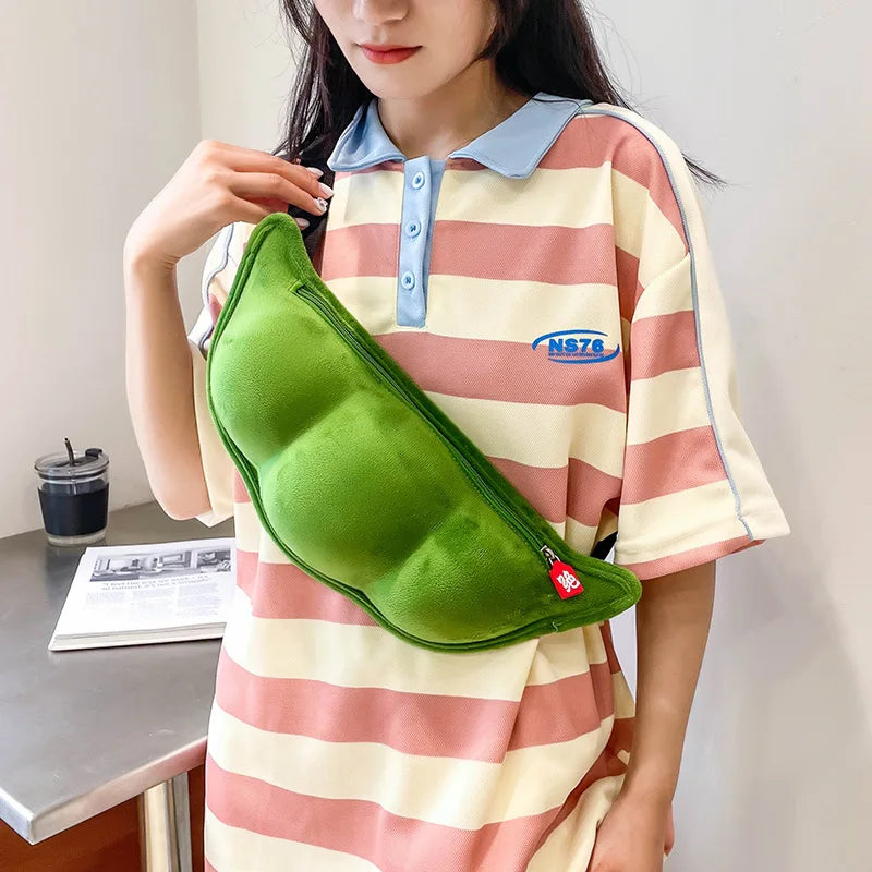 Edamame Shape Messenger Bag Soft Plush Shoulder Bag Funny Chest Bag Female