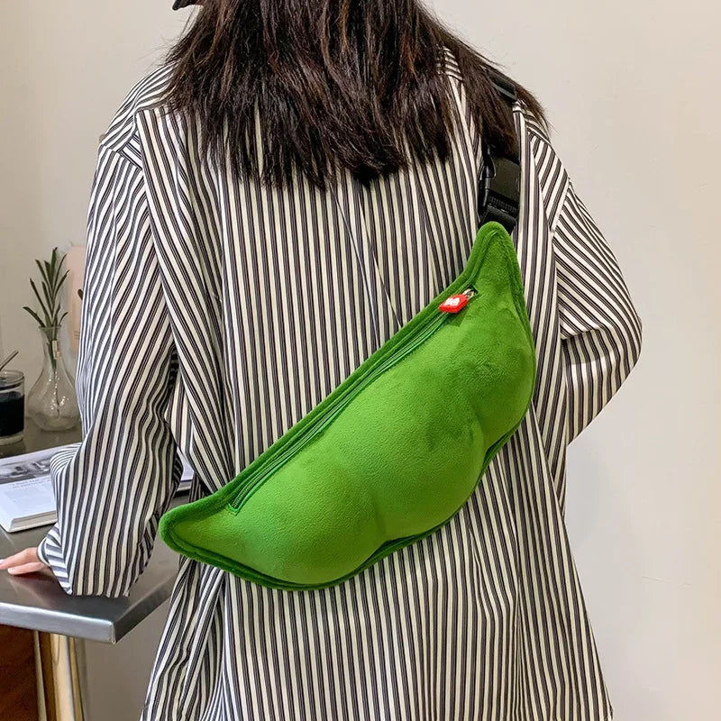 Edamame Shape Messenger Bag Soft Plush Shoulder Bag Funny Chest Bag Female