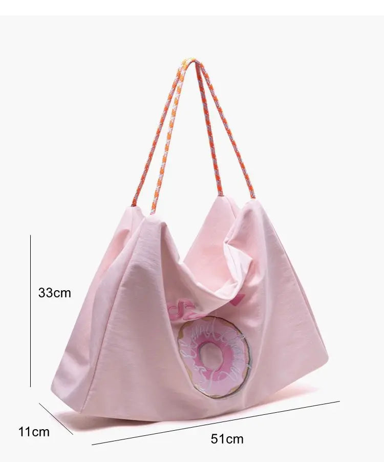Embroidered Nylon Tote Bags for Women - Pink Shoulder Hand Bag