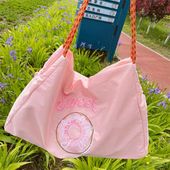 Embroidered Nylon Tote Bags for Women - Pink Shoulder Hand Bag