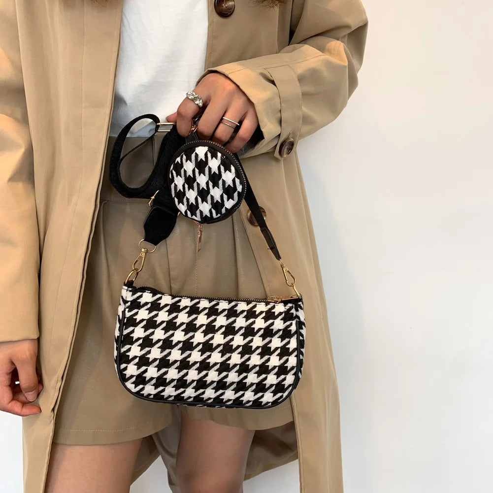 Vintage Plaid Shoulder Bag with Round Purse Pendant