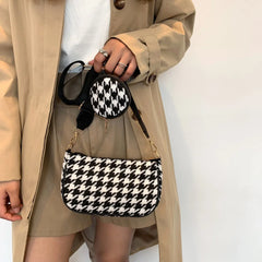 Vintage Plaid Shoulder Bag with Round Purse Pendant