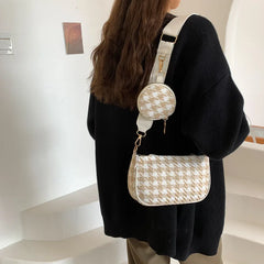 Vintage Plaid Shoulder Bags Set with Round Purse - Women's Casual Crossbody Bags