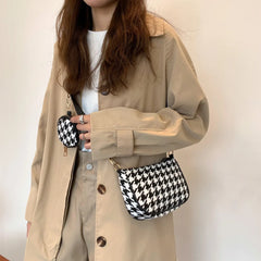 Vintage Plaid Shoulder Bag with Round Purse Pendant