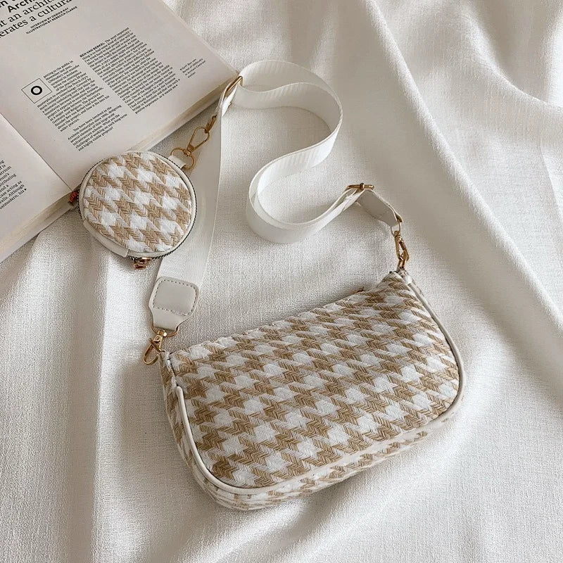 Vintage Plaid Shoulder Bags Set with Round Purse - Women's Casual Crossbody Bags